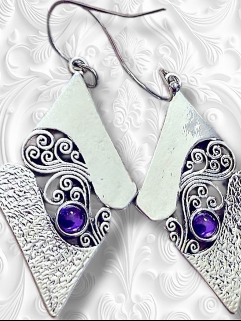 Silver Earrings Purple Geometric Embroidered Earrings NWT